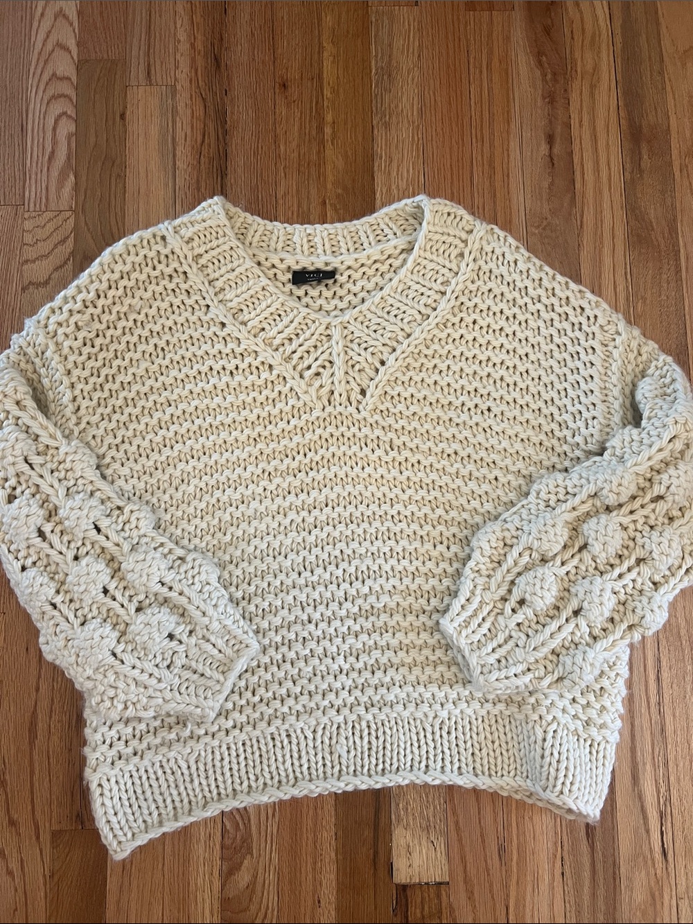 Vici Chunky Cream Cable-Sleeve V-Neck Sweater